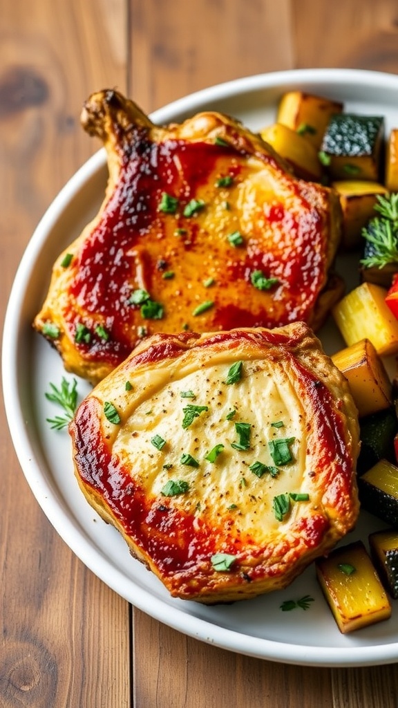 Golden-brown air fryer pork chops on a plate with herbs and roasted vegetables.